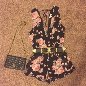 Black with rose print chiffon romper