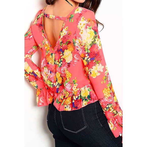FLORAL PEPLUM LONG SLEEVE SPRING TOP - Picture 2 of 5
