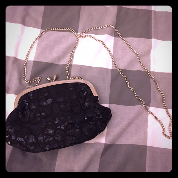 Black floral sequin clutch with chain strap