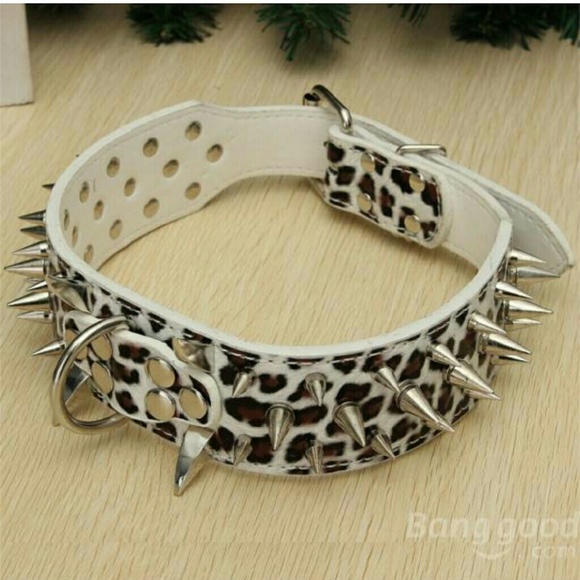 WHITE LEOPARD LEATHER SPIKED DOG COLLAR