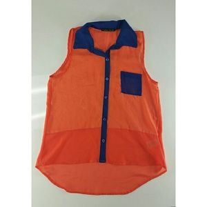 Orange/navy sheer blouse