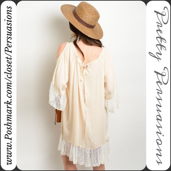 SOLD OUT🌻Beige Lace Trim Cold Shoulder Boho Dress - Picture 2 of 2