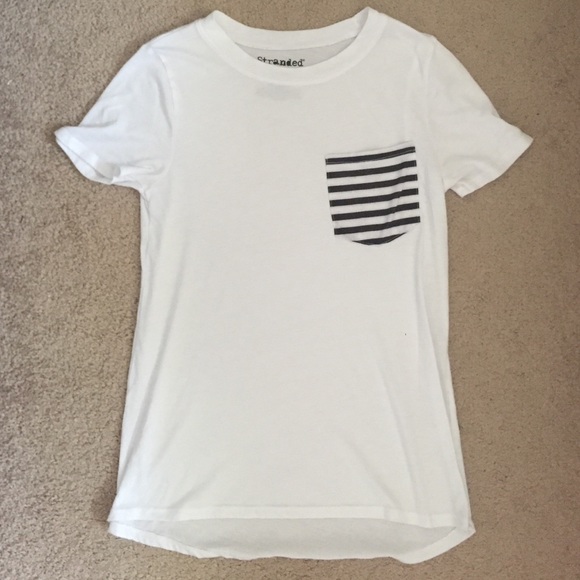 Size Small white scoop neck with stripped pocket.