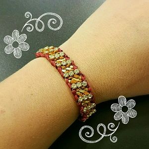 Crystal Studded Bead and Ribbon Bracelet