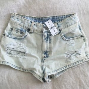 LF light wash destroyed jean shorts