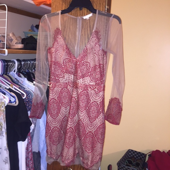Red sheer lace long sleeve dress