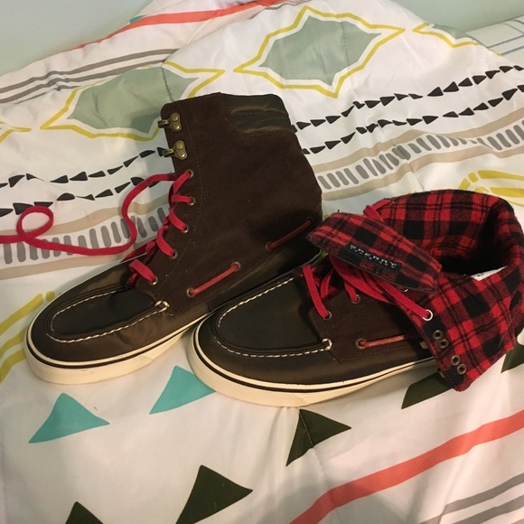 Brown and red plaid Sperry Topsider boots