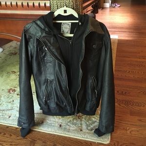Black leather jacket with sweatshirt inside