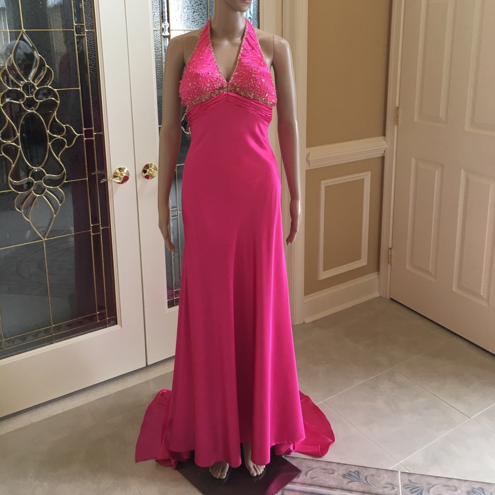 Studio I7 hot pink gold beaded halter prom dress