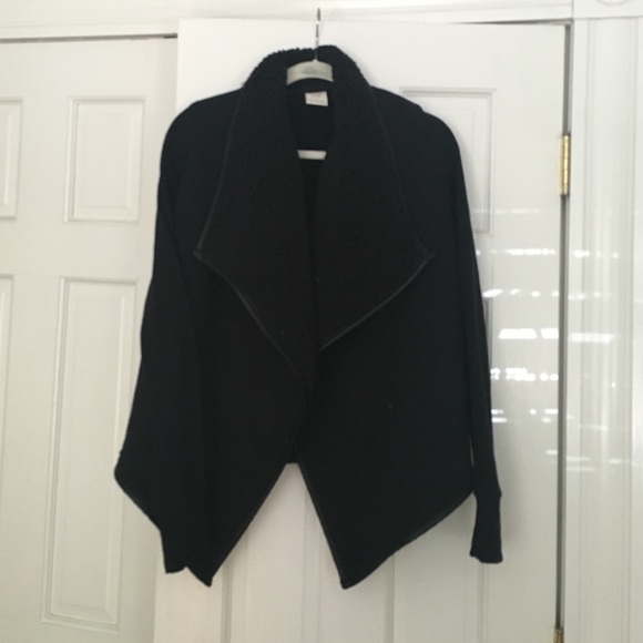 Black Fur Lined Cardigan with Pleather Trim