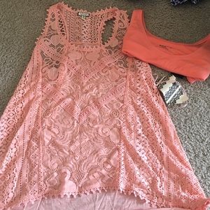 Sheer salmon tank top with solid salmon tank