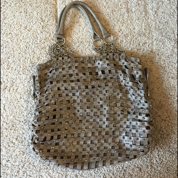 Grey Over Shoulder Purse With Gems On Front