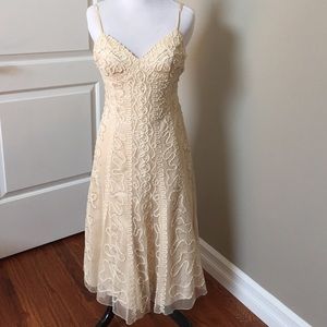 Cream Beaded Tea Length Gown