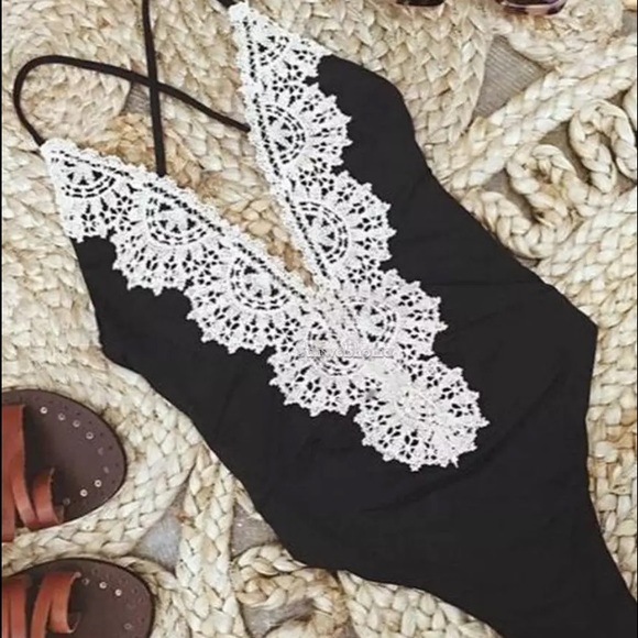 LAST ONE: Monokini Black & Ivory Lace Swimsuit - Picture 3 of 4