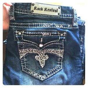 Size 34, regular length rock revivals.  worn twice