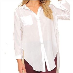 Sheer long sleeves. Longer back, comfy button