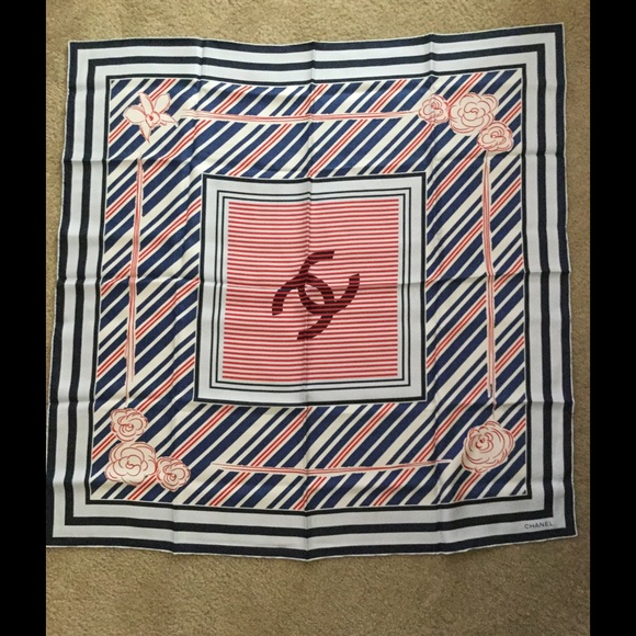 Sold$$Chanel Silk Camelia stripe scarf
