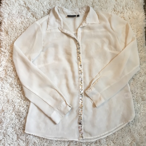 Sheer white and silver sequin button down