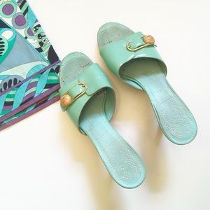 Chanel Turquoise Patent Wood Clog Slide Mules