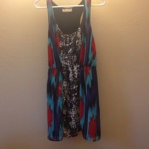 Racer back blue purple and red patterned dress