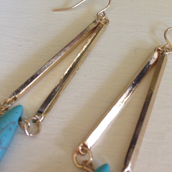 Gold Plated Turquoise Oblong Drop Hook Earrings - Picture 2 of 4