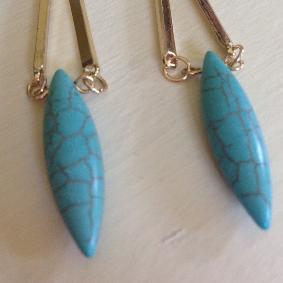 Gold Plated Turquoise Oblong Drop Hook Earrings - Picture 3 of 4