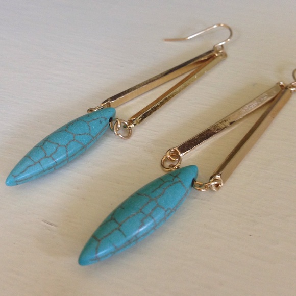 Gold Plated Turquoise Oblong Drop Hook Earrings - Picture 4 of 4