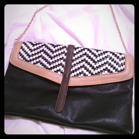 Black, white, tan woven crossbody clutch