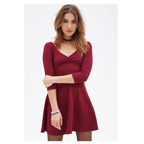 Red burgundy v neck long sleeve skater dress