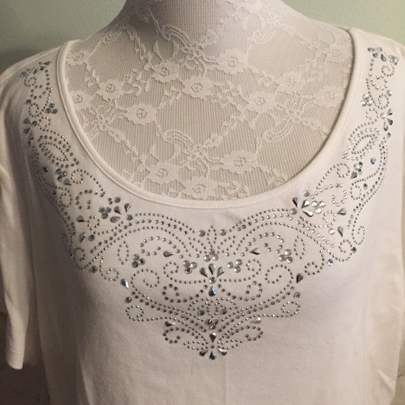 Karen Scott Rhinestone Neckline White Tee XL