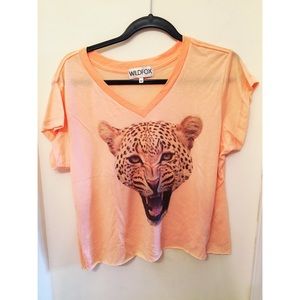Wildfox Orange V-Neck Cheetah Cropped Tshirt