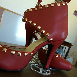 Red ankle strap high heels