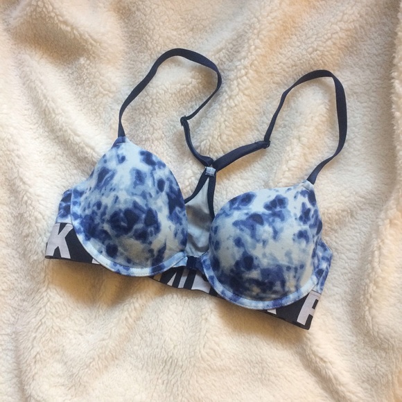 PINK logo blue tie dye racerback bra