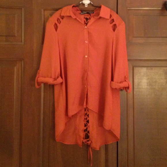 High low corset tie back burnt orange sheer shirt - Picture 1 of 4