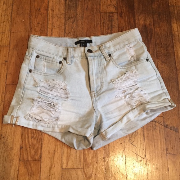 F21 High waisted destroyed denim shorts