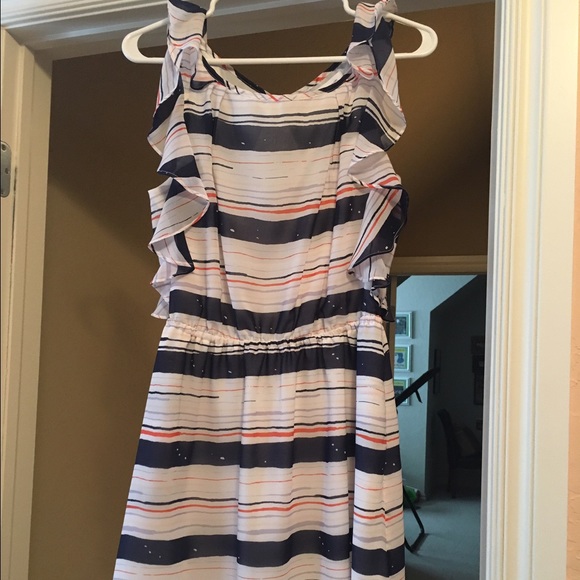 BCBG white blue and orange ruffled tank dress