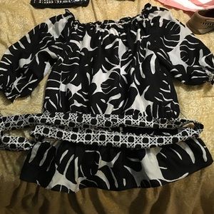 black and white off shoulder top, fun silk belt