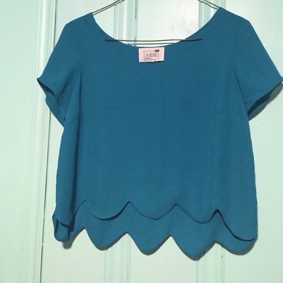 LA Hearts Tops - Teal LA Hearts Scalloped Crop Top