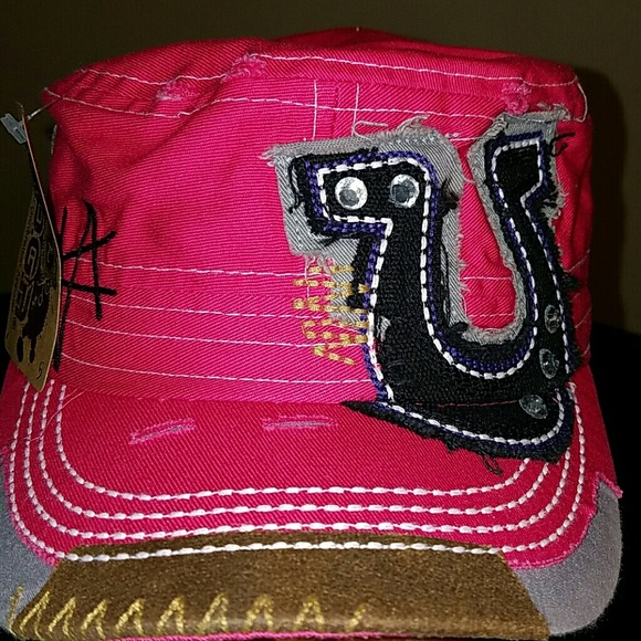 Hot pink vintage Cadet cap with horseshoe