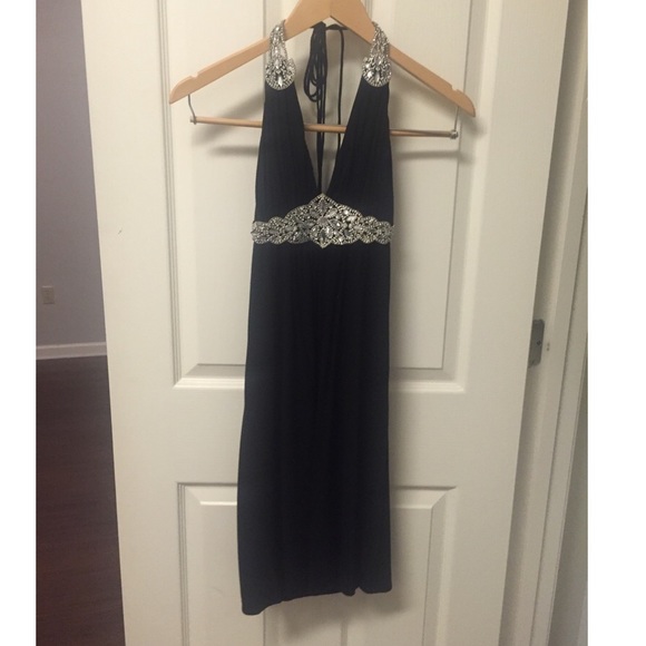 *NYE* Black Halter Plunge Dress w/Rhinestones