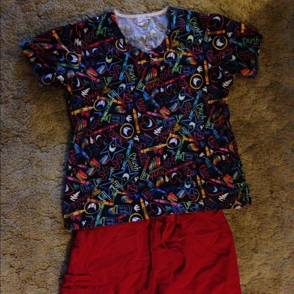 Large Multi colored Scrub Top and Medium Red Pants