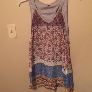 Grey tank with sheer multicolored floral overlay