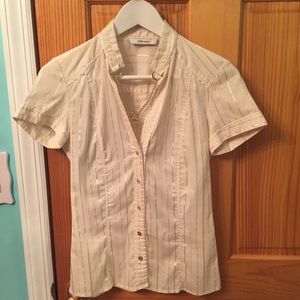 Zara Chain Mandarin Collar Gold Striped Shirt Sz S