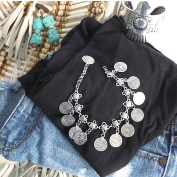 Silver Tone Boho Coin Charm Ankle / Wrist Bracelet - Picture 2 of 3