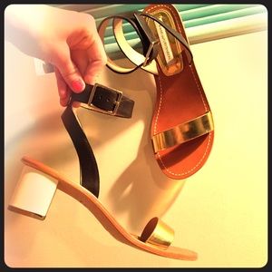 DVF gold, white & brown block heel ankle sandals
