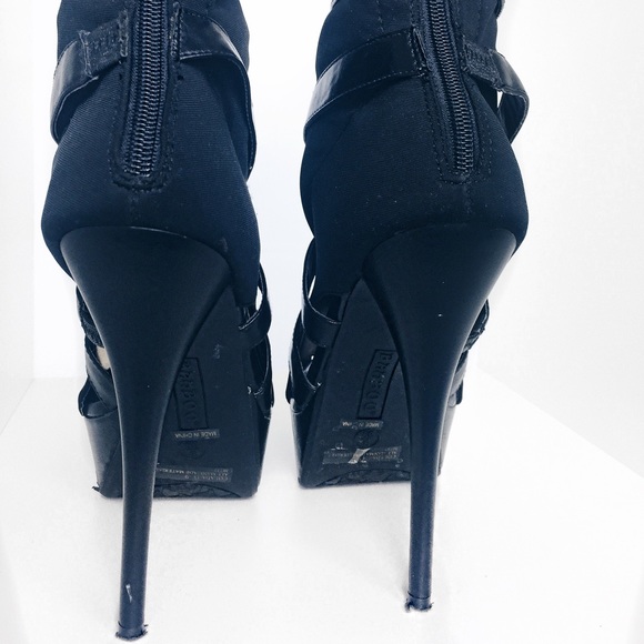 Black Leather and Stretch Fabric High Heels - Picture 3 of 4