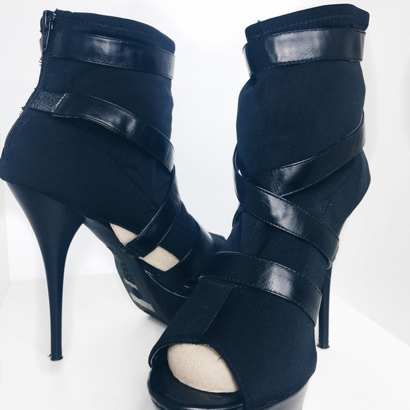 Black Leather and Stretch Fabric High Heels - Picture 4 of 4