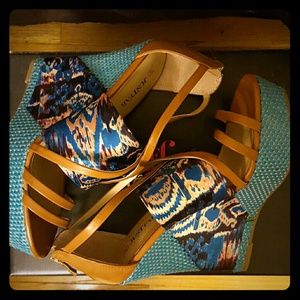 Beautiful tan and blue Justfab (Topanga) wedges
