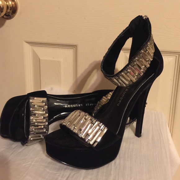 Chinese Laundry black rhinestone strap heels