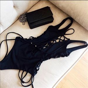 Black lace up one piece